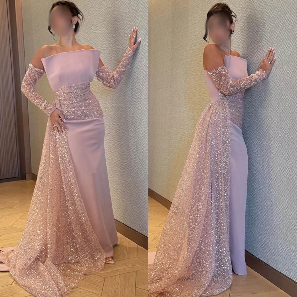 맞춤형 심플 핑크 저지 이브닝 드레스 포멀 보트넥 긴 소매 셀러브리티 가운 섬세한 스트레이트 스팽글 프로미 드레스