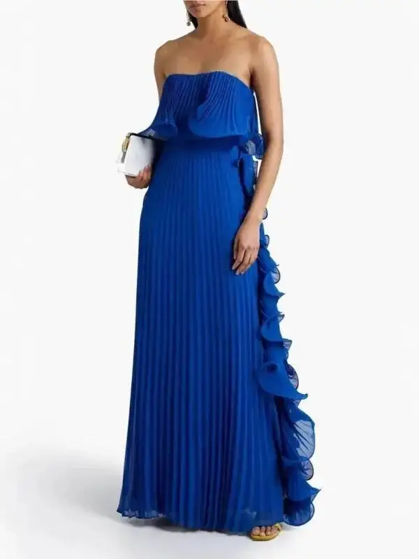 女性の夏の休日のドレスオレンジプリーツシフォンロングフォーマルドレスカスタムメイドフリルストラップレスビーチパーティードレス U99Z