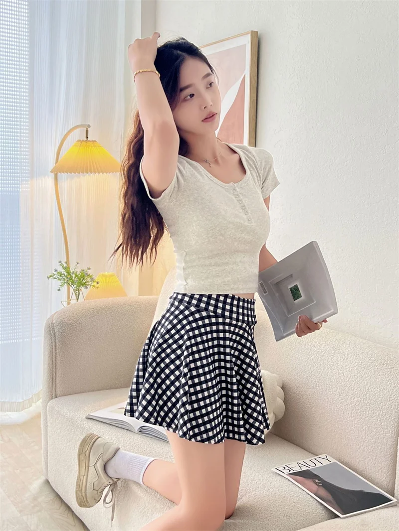 Fashion Women's Basic Skirt Summer Mini Elastic Pleated Skirt Lined Shorts Printing Plaid Korea Girl Uniform Safety Pants Skirt