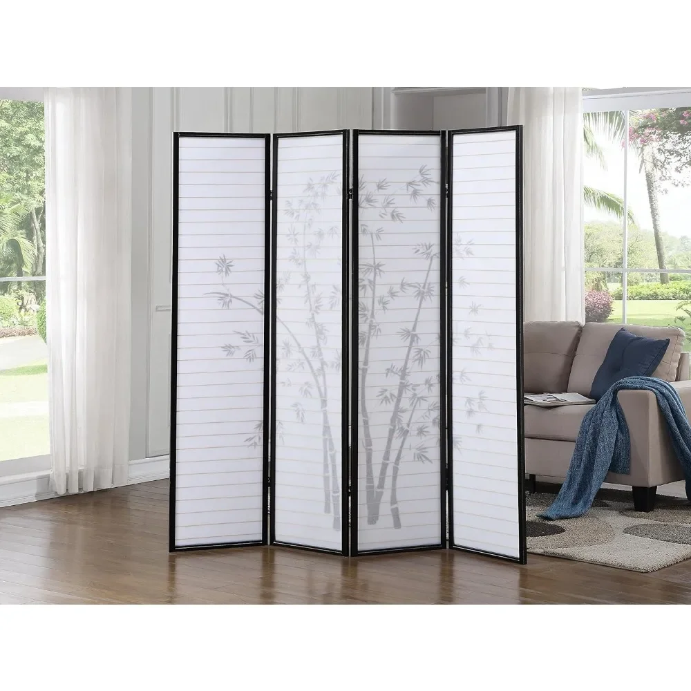 Print 4-Panel Framed Room Screen/Divider, white, for Creating Privacy in Small Spaces, Frame Made of Wood in Black Finish