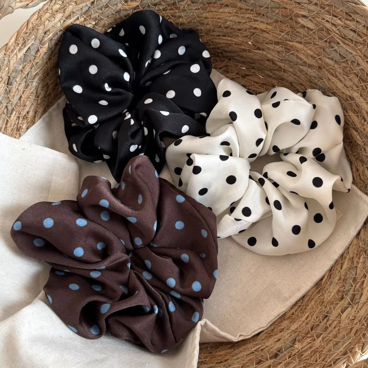 Simple Design Elastic Hair Bands Retro Scrunchie Vintage Polka Dot Satin Hair Ties  Classic Women Hair Accessories