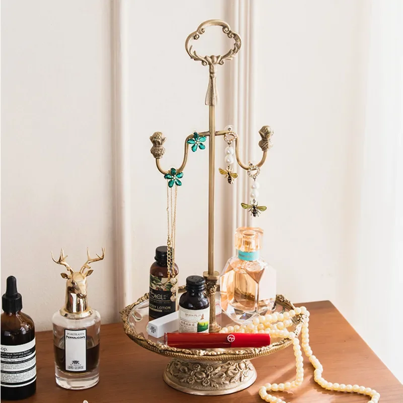 

Retro Brass Jewelry Organizer Vanity Earring Storage Rack Luxury Bedroom Storage Tray Antique Necklace Holder Classic Accessory
