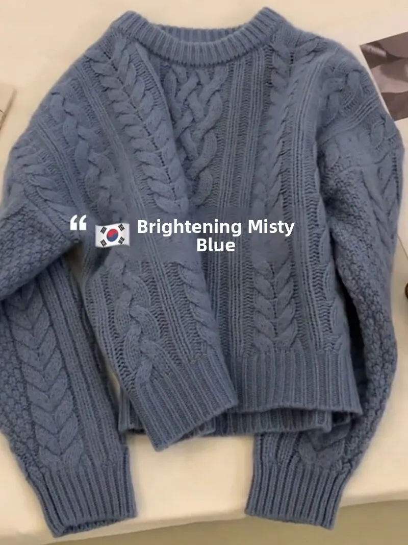 سترة محبوكة بنفسجية اللون للنساء، تصميم سميك للخريف والشتاء، نمط فضفاض وكسول، أكمام طويلة، ياقة مستديرة، بلوفر محبوك #3