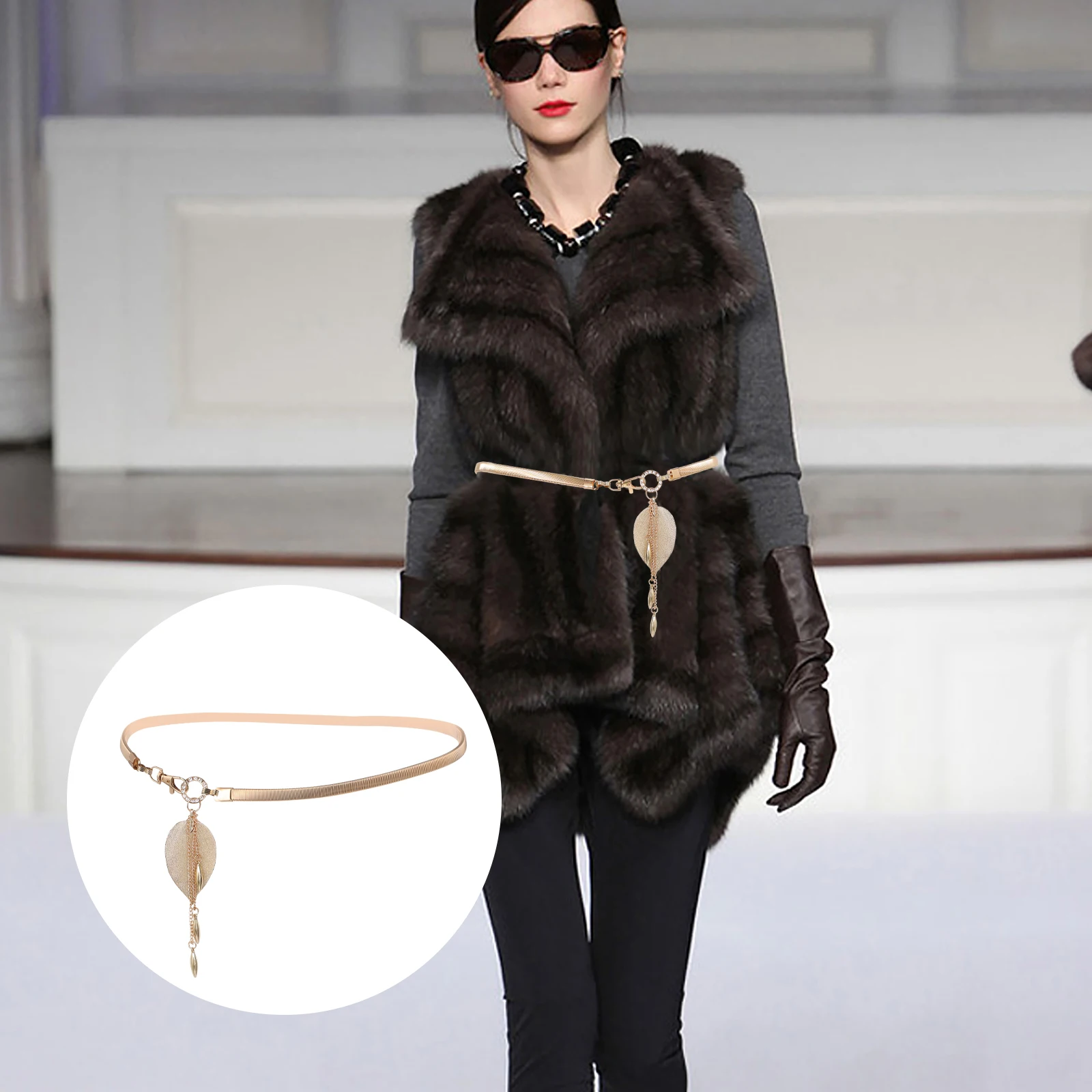 

1pc Fashion Metal Leaf Waist Belt For Women Elastic Dress Belt Stylish Lady Decorative Clothes Casual 68Cm Gift Wife Girlfriend