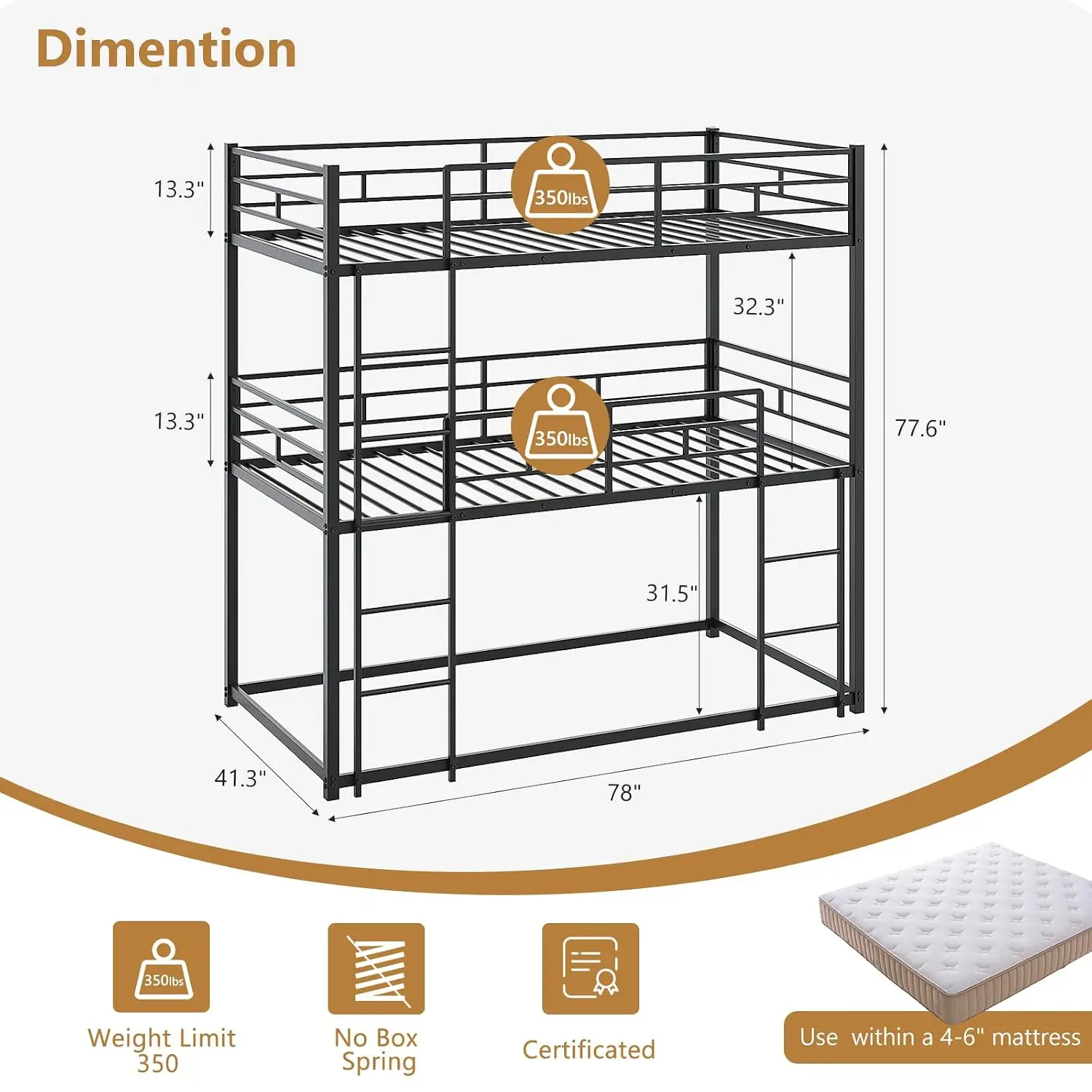 Triple Bunk Bed Twin Metal Frame with Safety Guardrail Kids Bedroom Space Saving No Box Spring, Customized