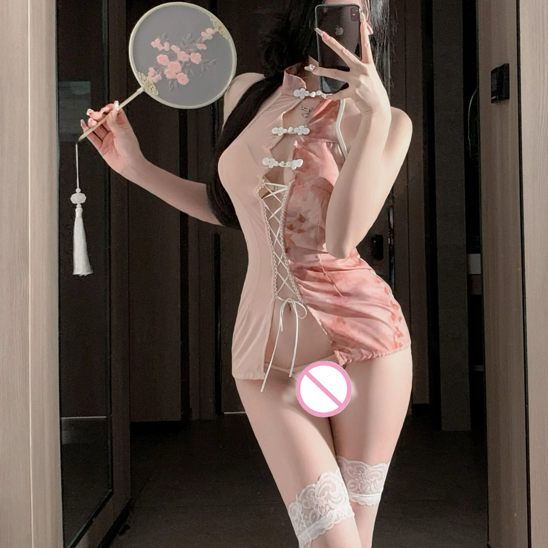 

369bibi Сексуальный винтажный комплект нижнего белья Cheongsam — прозрачное Ципао с вышивкой бабочки и пуговицами в виде лягушки, одежда для сна для ролевых игр