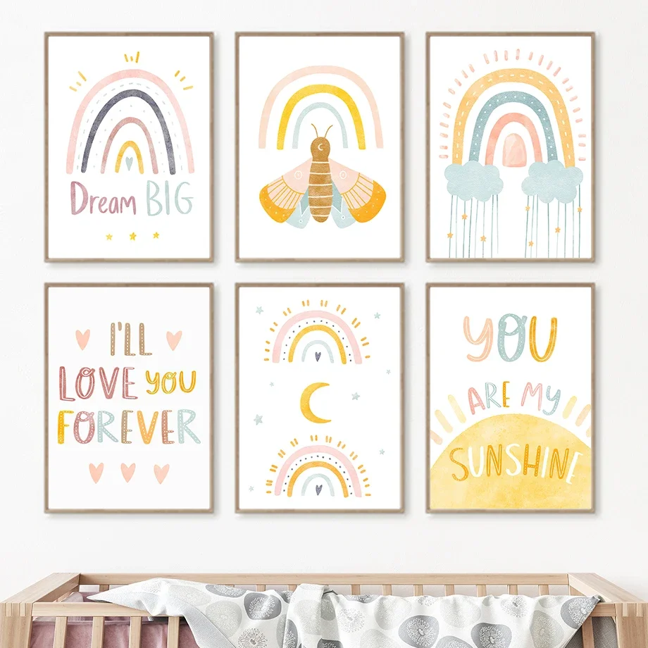 

Dream Quotes Butterfly Rainbow Sun Wall Art Canvas Painting Nordic Posters And Prints Cartoon Wall Pictures For Kids Room Decor