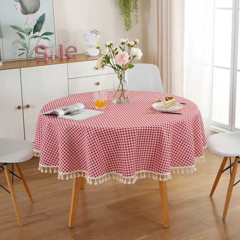 Round Tablecloth Red White Checkered with Tassel Trim Polyester Waterproof Oilproof Easy Clean Cover Dining Room Kitchen Decor