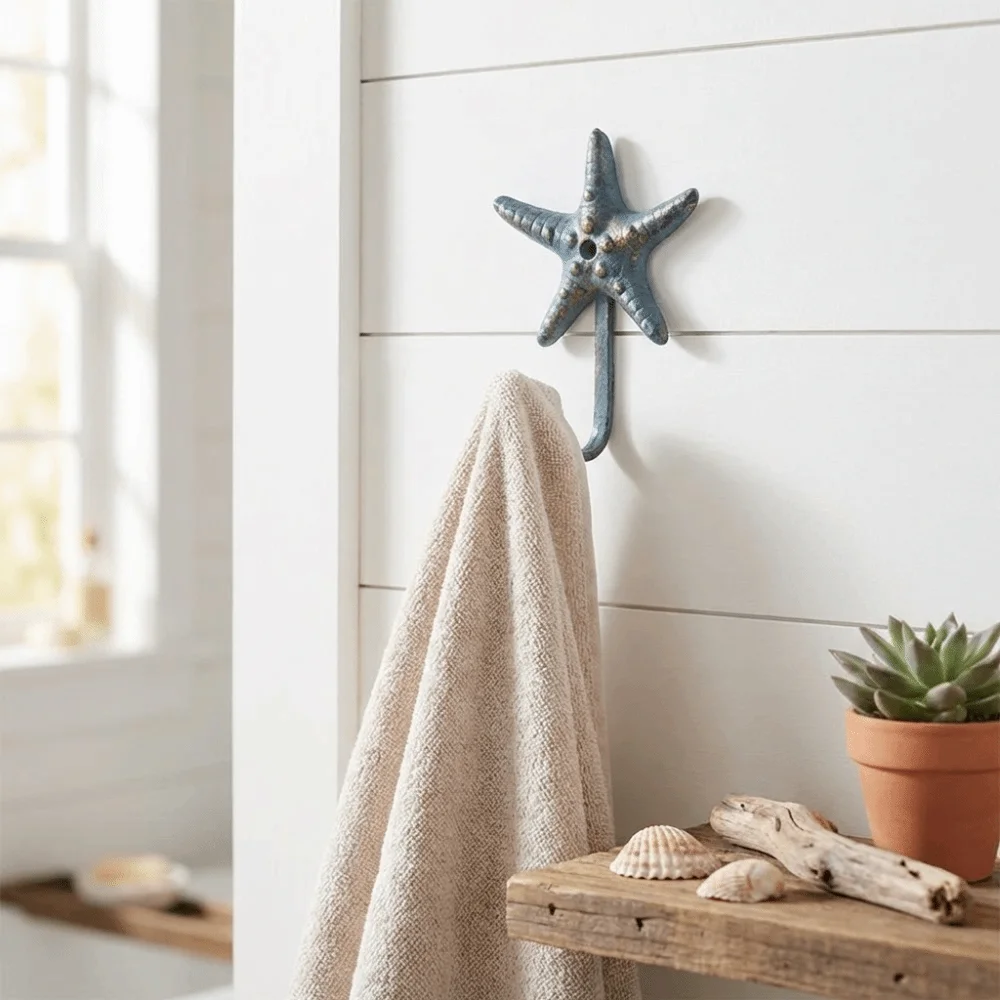 Starfish Shape Cast Iron Hook Ocean Blue Finish Vintage Rustic Wall Mounted Hook Gold Brushed Details Sturdy Cast Iron