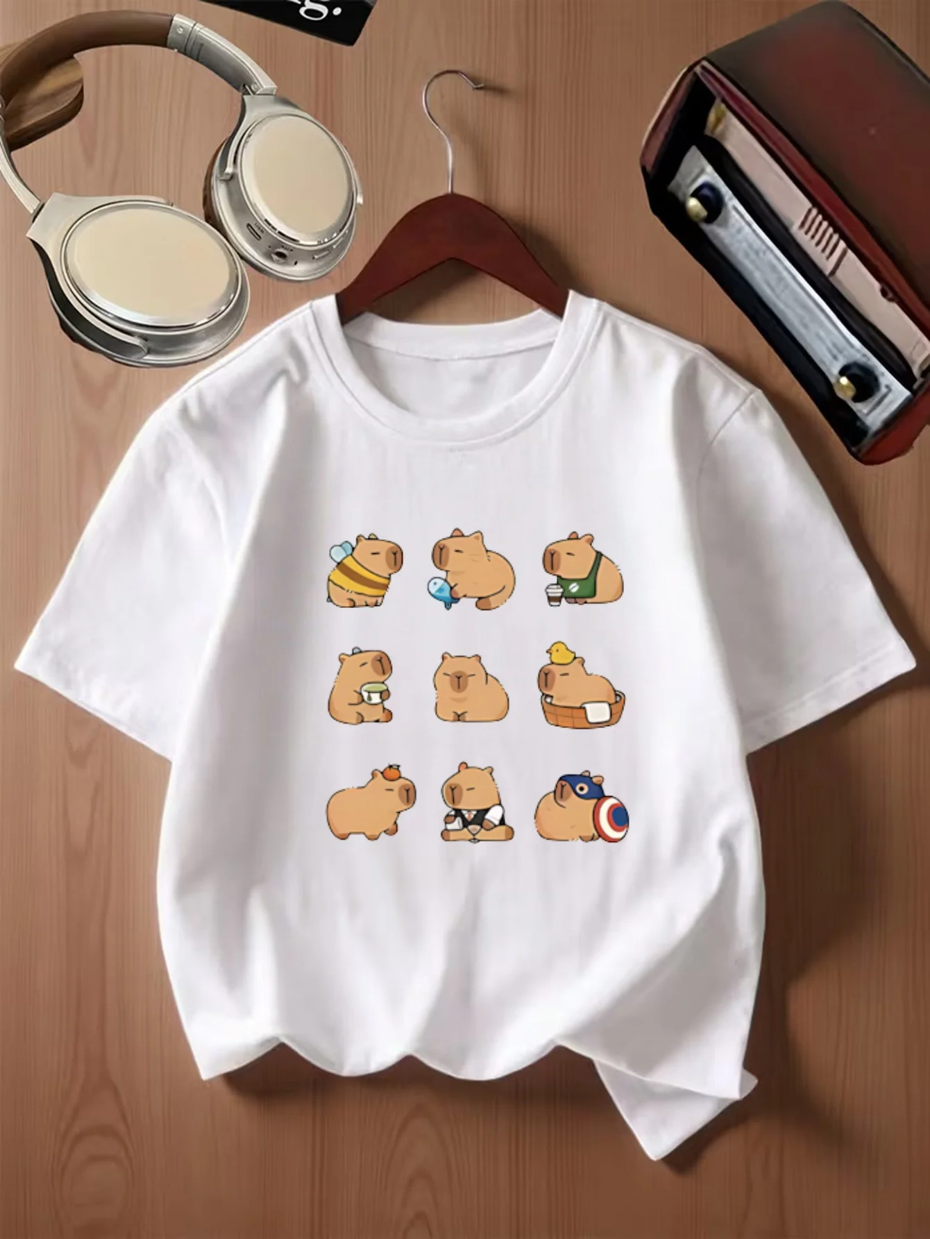Cute Multi Pose Cartoon Capybara Collection Animal Graphic Kids T Shirt Boys Girls Family Matching Summer Crew Neck Casual Tee