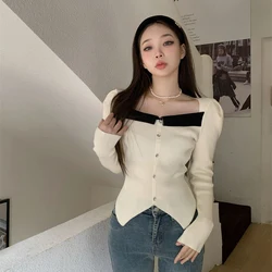 Y2K Women Knitted Chic Shirts Korean Patchwork Slim Female Casual Blouse Autumn New All Match Square Collar Ladies Crop Tops