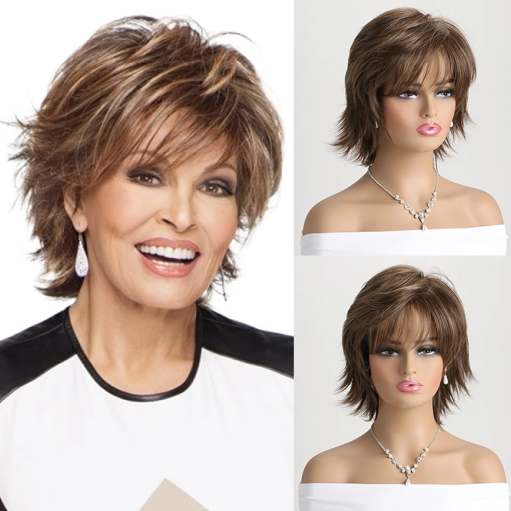 Short Natural Synthetic  Wigs with Bangs Soft Mommy Hair Daily Use Short Brown Ombre Curly Hair Costume Party Wig for Women