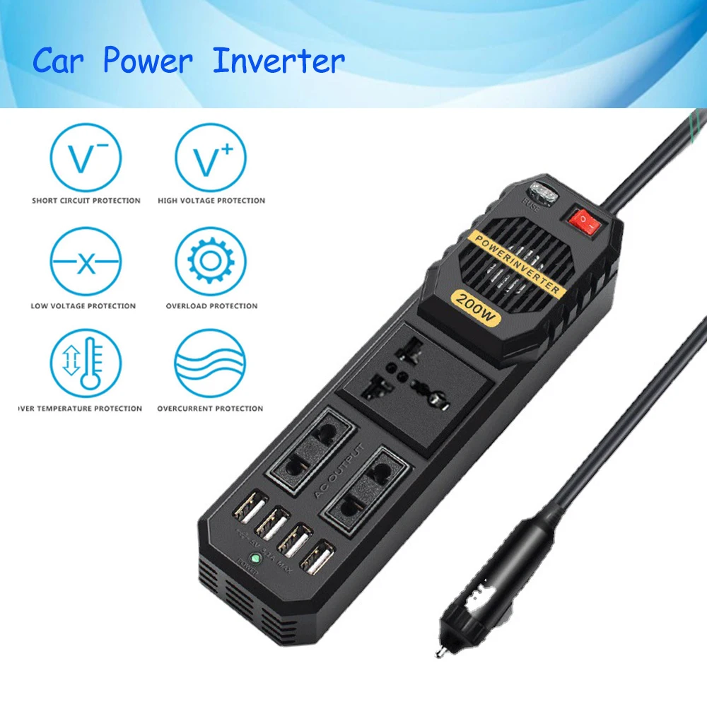 

200W Car Inverter DC 12V to AC 220V Adapter Charger Socket Auto Power Converter USB Mobile Phone Fast Charging Vehicle Inverter