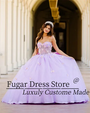 2025 Lila Prinsessa Balklänningar Quinceanera Klänningar 3D Fjärilsdekal Långärmad Transparent Tight Korsett Vestidos De XV Ano 10 best sales lila balklänning - №6