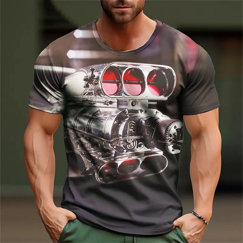 Retro T-Shirts for Men 3D Car Engine Print Men\'s Clothing Street Designer Short Sleeved Loose Oversized T-Shirt Graphic Tees Y2k