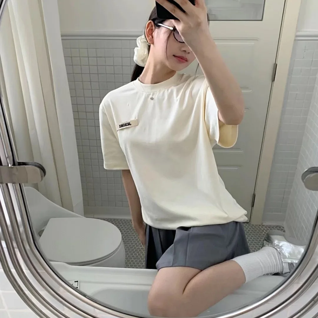 

Классическая футболка с вышитыми буквами, свободная футболка ex Sle, весна-лето, хлопковый круглый базовый удобный женский топ