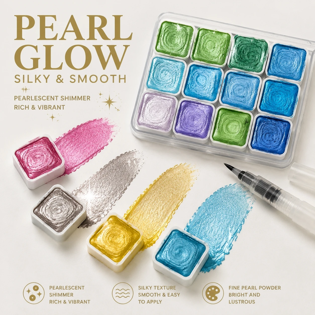 Pearlescent Watercolor Paint Set 12 Colors Metallic Shimmer Solid Watercolors Portable Artist Painting Kit for Beginners Student