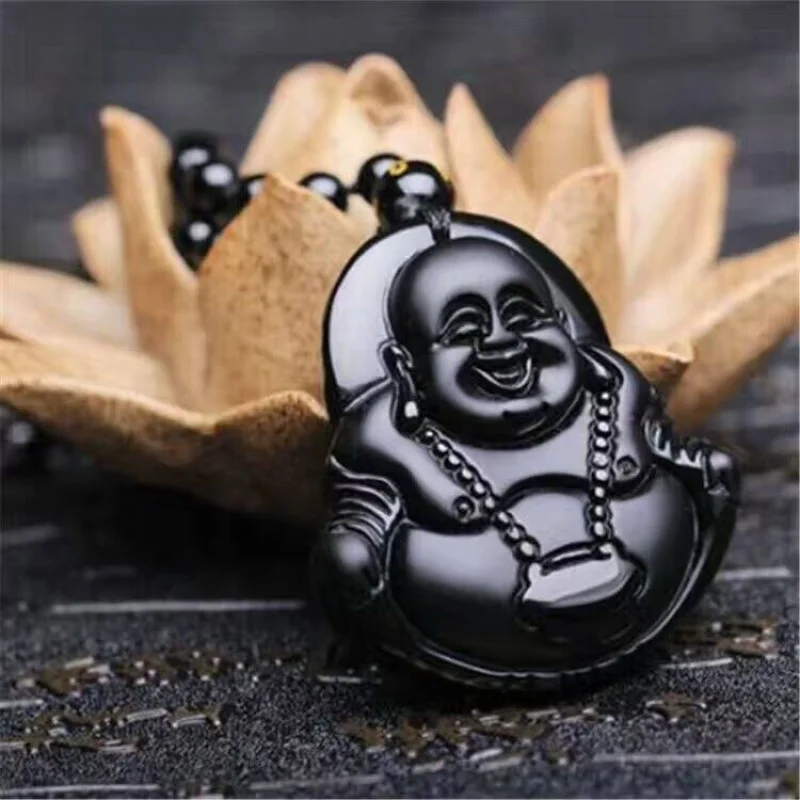 Authentic Natural Black Obsidian Maitreya Pendant, Laughing , Longevity Lock , Women's Necklace, Buddha Penda