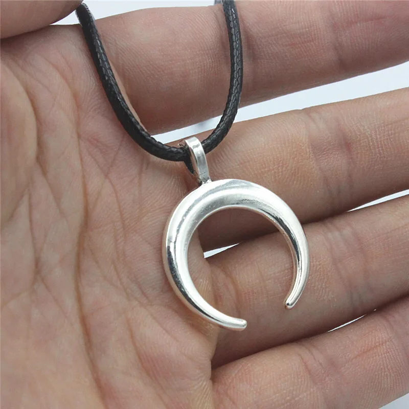 Crescent Moon Pendant Necklace For Women Men Vintage Jewelry Black Leather Chain Necklace