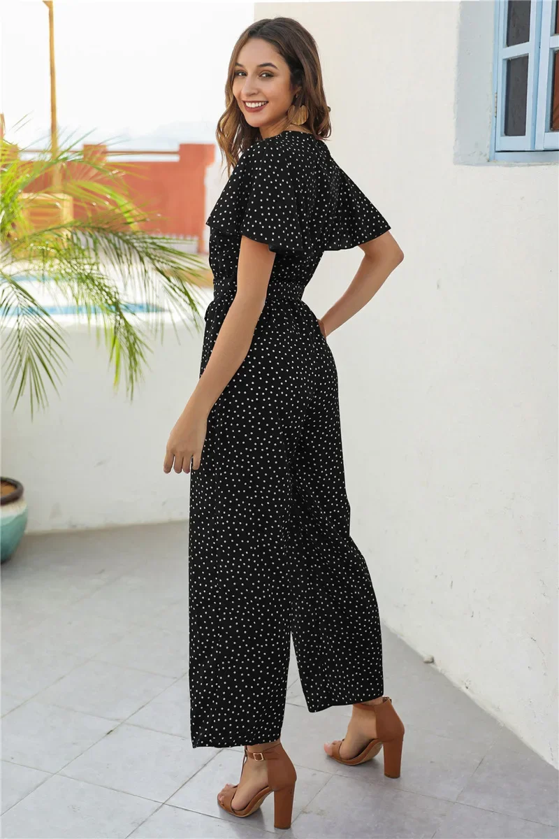 Dot Print Ruffle V-Neck Jumpsuits Summer Women Casual Loose Homewear Vintage Short Sleeve Playsuits 2021 Boho Rompers Overalls