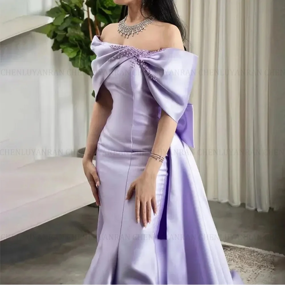 MOLISA Lavender A-line Boat Neck Pearl Off The Shoulder Satin Bow Train Lace-up Back Luxury Night Prom Gowns Elegant Party Dress