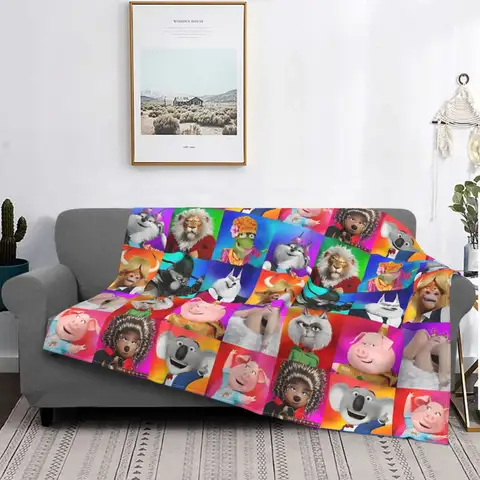 Sing 2 Movie All Characters Knitted Blankets Flannel Cartoon Cute Super Soft Throw Blankets for Outdoor Travel Bed Rug