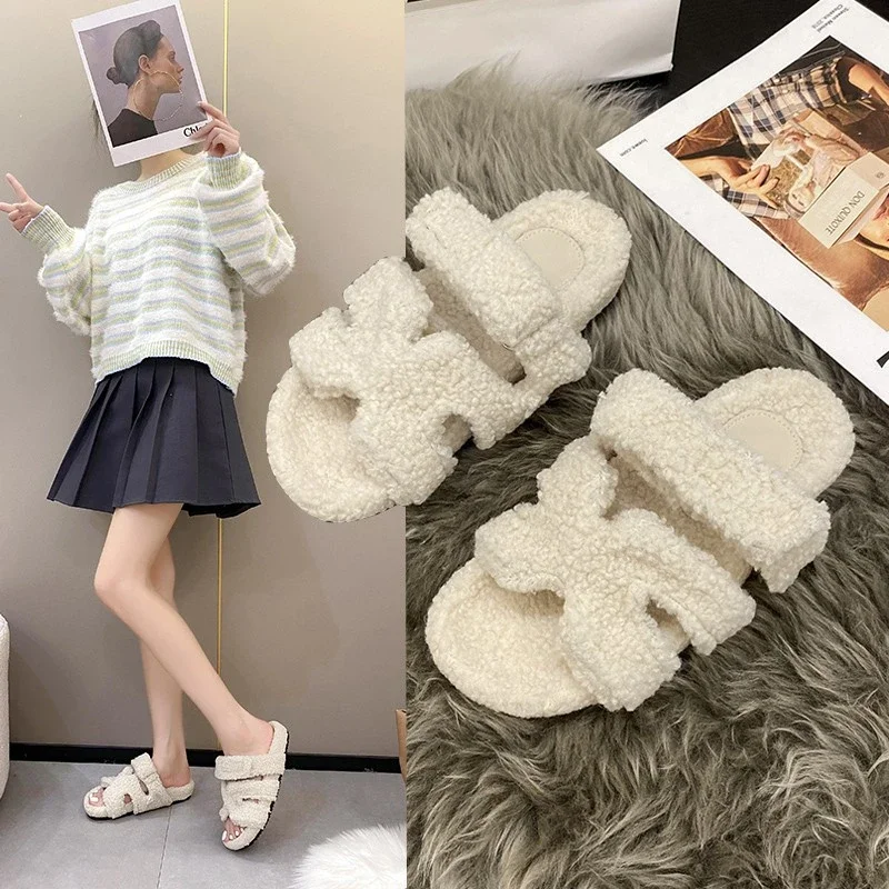 Cow Suede Fur Casual Sandals Women Home Slipper Shoes Flat With Open Toe Solid Spring Autumn Party Big Size Shoes Warm Slip On