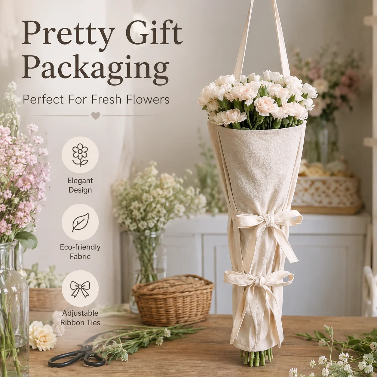 Custom Logo Canvas Flower Bouquet Bags Elegant Carry Bag Gifts Portable Reusable Adjustable Flower Bag Storage Floral Canvas Bag