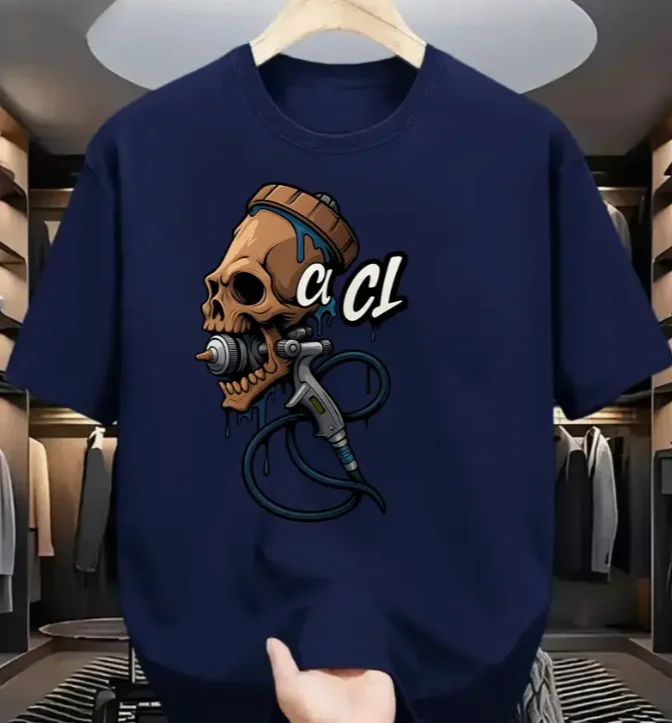 Men Skull Spray Paint Gun Graphic T-Shirt - Edgy Streetwear Black Tee with Blue & White Urban Art Print Round Neck