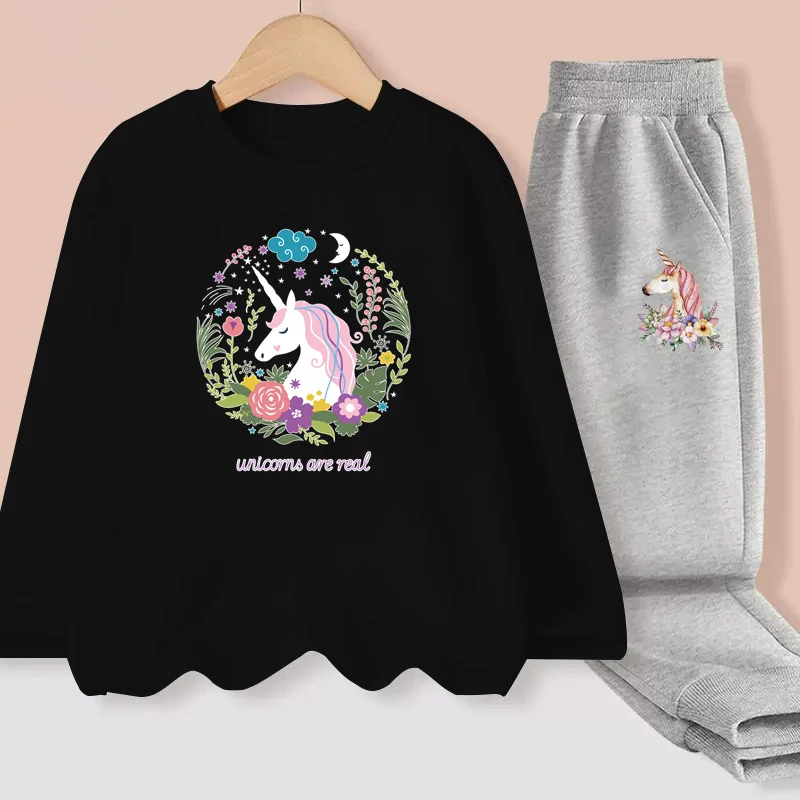 Aimi Lakana Girls Round Neck Clothing Long Sleeve Cotton T-shirt Spring Leisure Sets Girls Unicorn Tees Cotton Pants