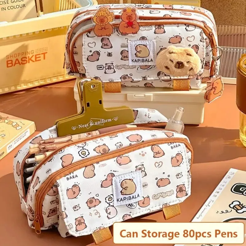 Capybara Four Layer Large Capacity Pen Case Cute Cartoon Pencil Case Stationery Organizer Storage Bag For Students Gift