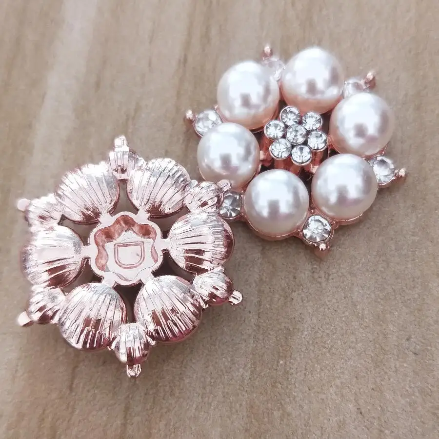 50Pcs/Lot Silver/Rose Gold Alloy Base Pearl Rhinestone Embellishment Bow Center Decorative Button Diy Hair Accessories