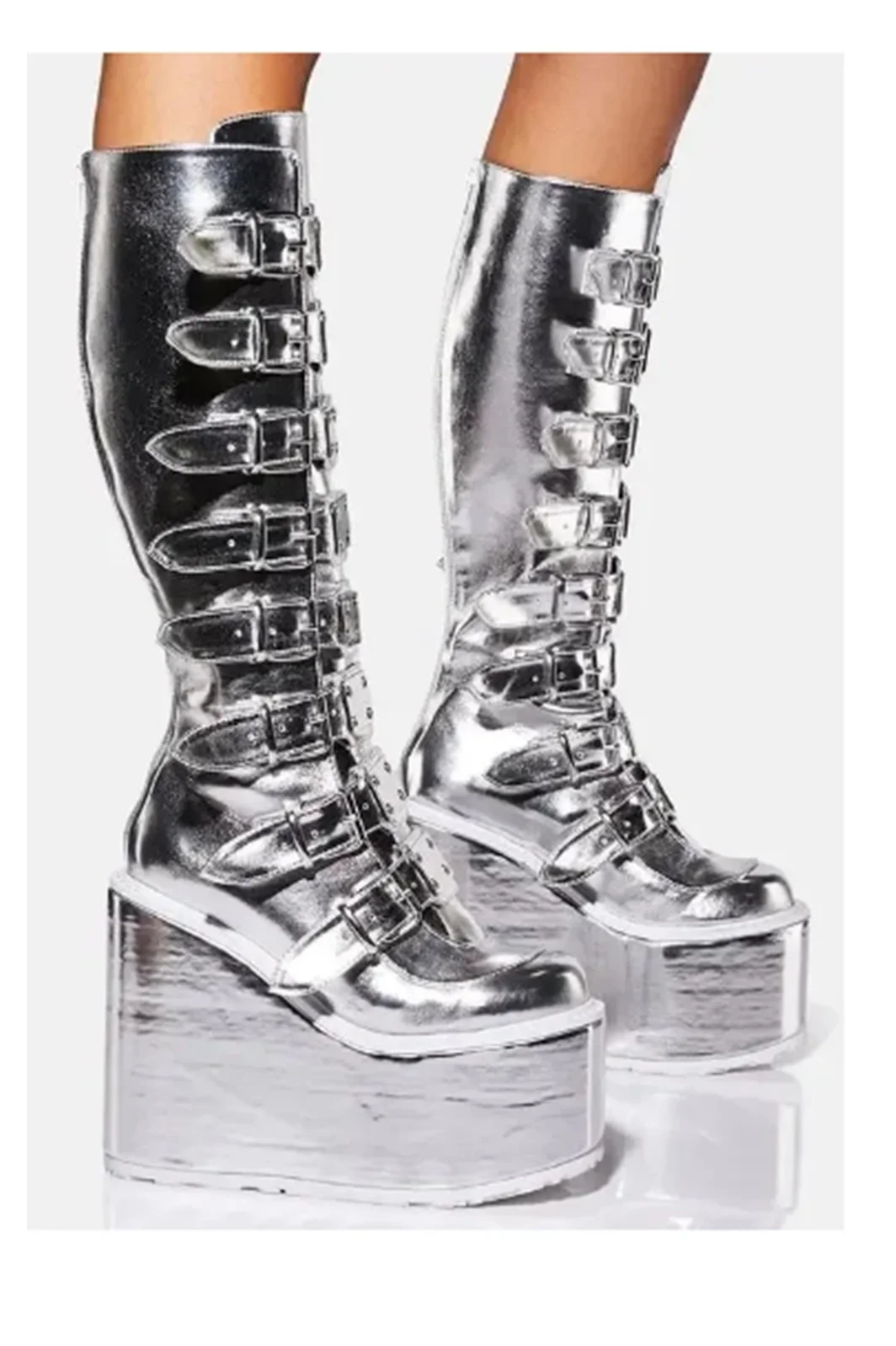 

Silvery Round Toe Knee High Platform Women Boots With Belt Buckles Wedges High Heels Buckle Strap Design Large Size Shoes