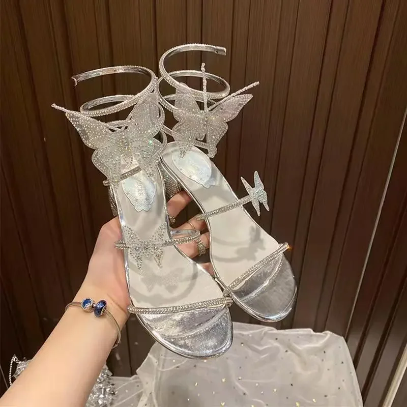 Xibeilove-Sandalias de tacón medio con diamantes de imitación para mujer, zapatos de boda de lujo, con diseño de mariposa, para banquete, verano,