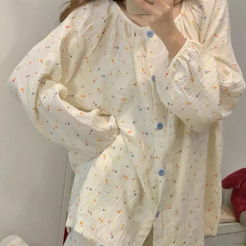 Polka Dot Sleepwear Women Pajama Sets Button Piiama Korean Pants Sets for Women 2 Pieces Ruffles Night Wears Autumn Home Suit