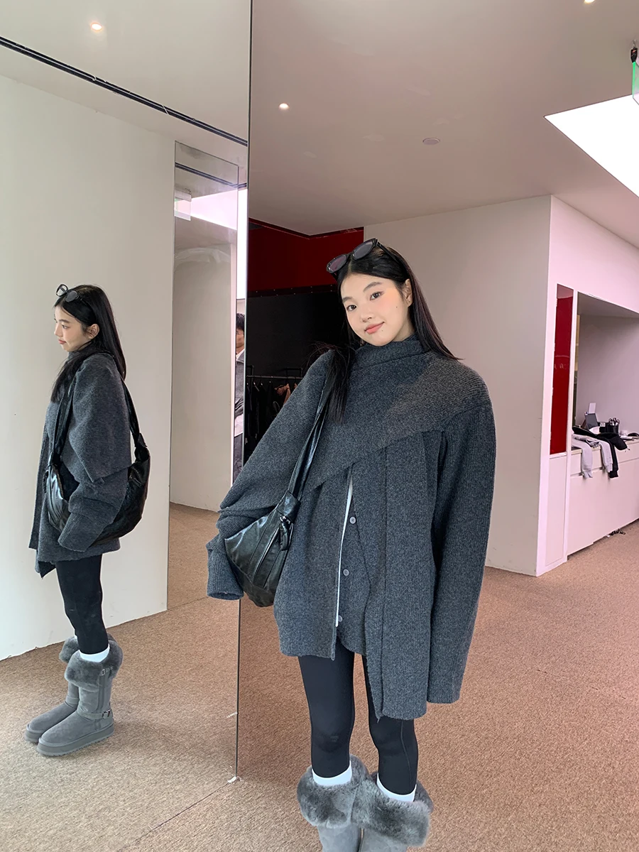 كارديجان نسائي رمادي محبوك بياقة مفتوحة للخريف والشتاء، سترة بتصميم عصري مريحة ودافئة