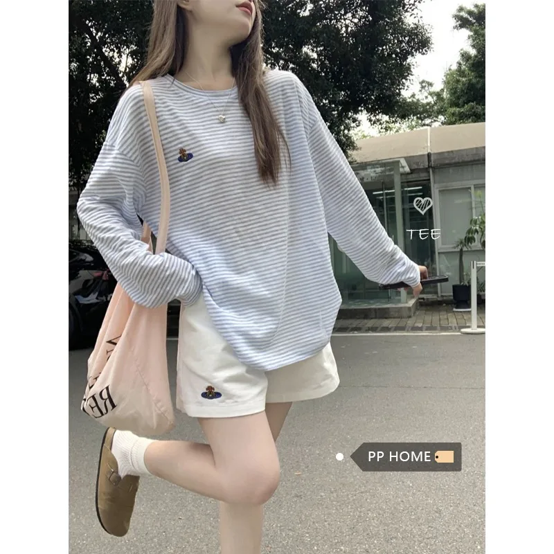 

2025Korean Style Summer New Lazy Classic Versatile Striped Long SleeveTWomen's Summer Thin Sunscreen Blouse Loose Topins