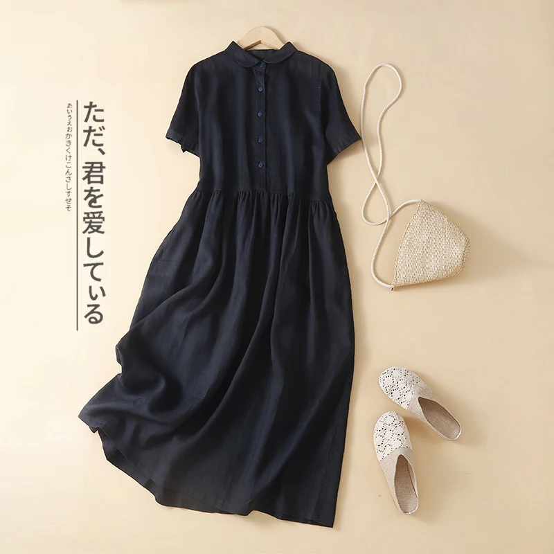 Summer New Sle Loose Long Dr Large Size Pure Color Retro Artistic Multi-Color Options Mid-Length Casual Cotton Linen Blend