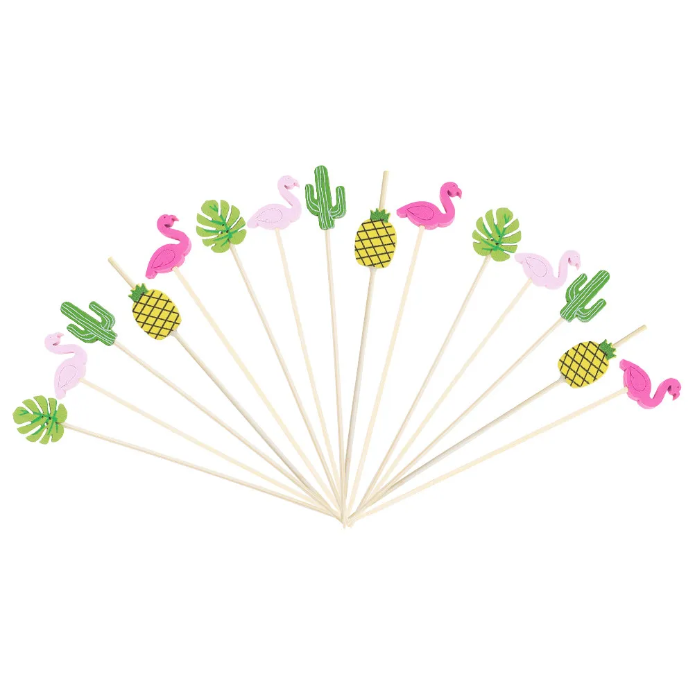 100Pcs Wooden Cocktail Toothpicks Hawaiian Flamingo Pineapple Cactus Design Fruit Skewers for Drinks Appetizers Parties Food view 6