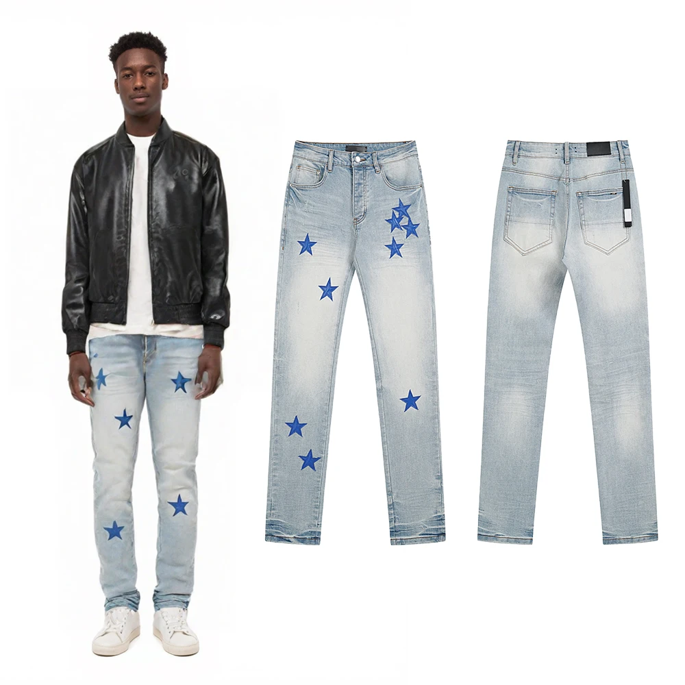 

Уличная одежда, кожаные джинсы с вышивкой со звездами, винтажная одежда в стиле ретро, мужские повседневные облегающие джинсы в уличном стиле в стиле хип-хоп, одежда для мужчин