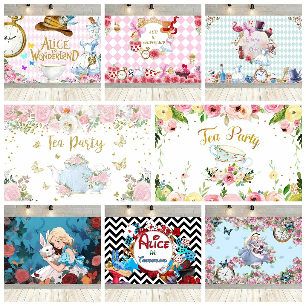 Tea Party Background Princess First Birthday Party Decorations Card Magic Rabbit Alice in Wonderland Baby Shower Photo Backdrop