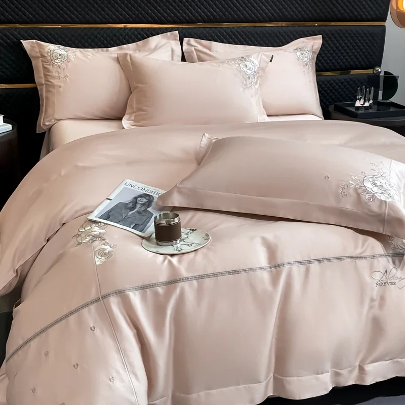 Luxury Choice! 180s Long-Staple Cotton Pure Cotton Embroidered High-End Bedding Set, with Fitted Sheet Style