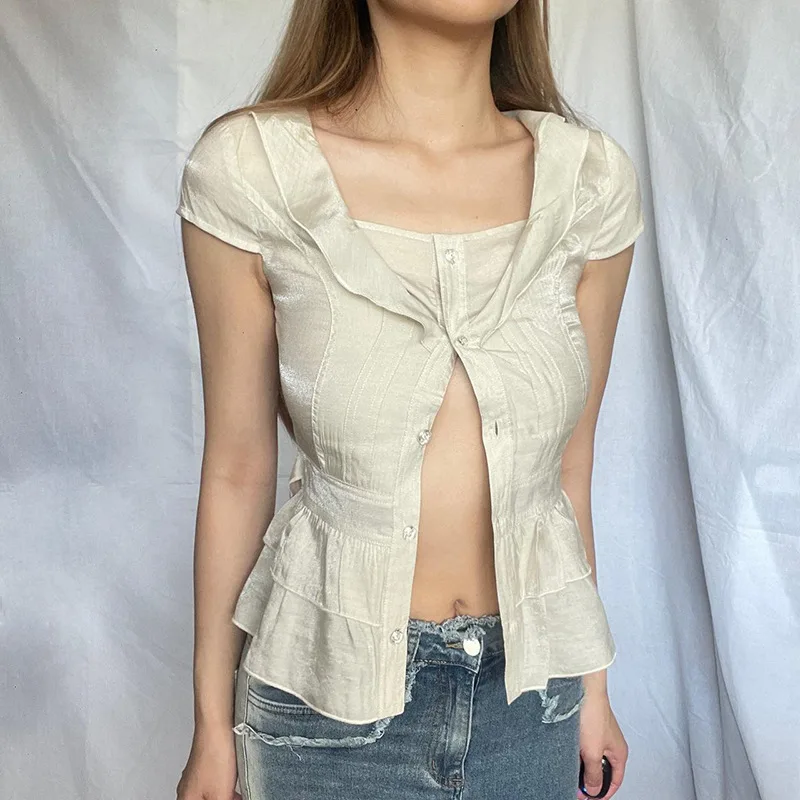 2026 Summer Design New Girl Style Buckle Strap Short Sleeve V-neck Solid Color Top for Women