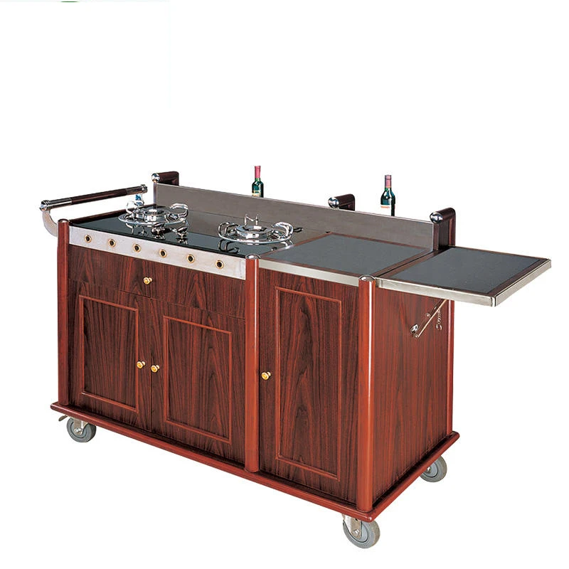 Deluxe Wooden Gas Stove 4 Wheels 3 Drawers Food Service Cart Flambe Cart OEM ODM Service Stainless Steel Modern Hotel Cart