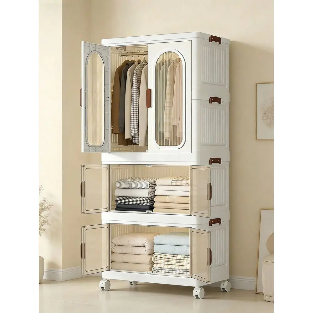 27.55in Wardrobe Storage Set Stackable And Foldable Trash Can With Lid, Foldable Transparent Storage With Wheels And Door