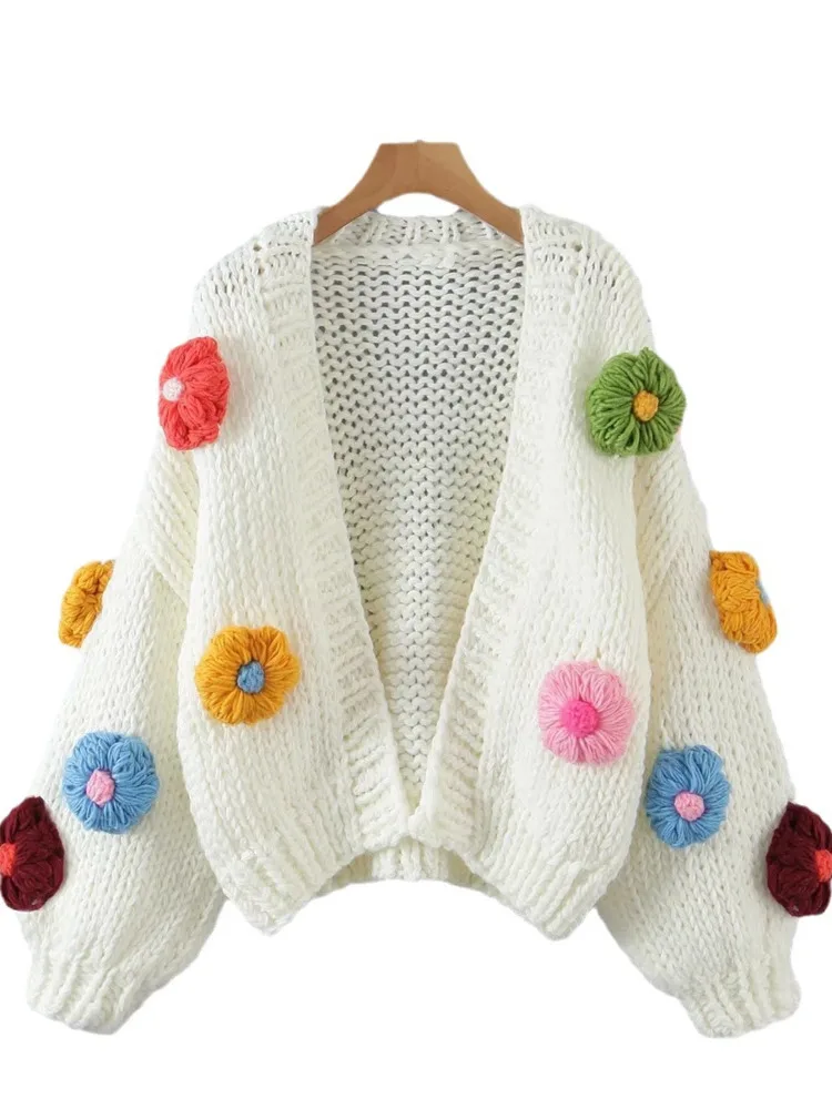 LANMREM European And American Style Handmade Flower Lantern Sleeve Knitted Cardigan Women\'s Loose Style Thick Sweater 2DA8301