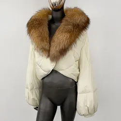 White Duck Down Jacket Women Warm Luxury Loose Short Fashion Casual  Real Fox Fur Coat Long Sleeve Puffer Jacket Winter Female