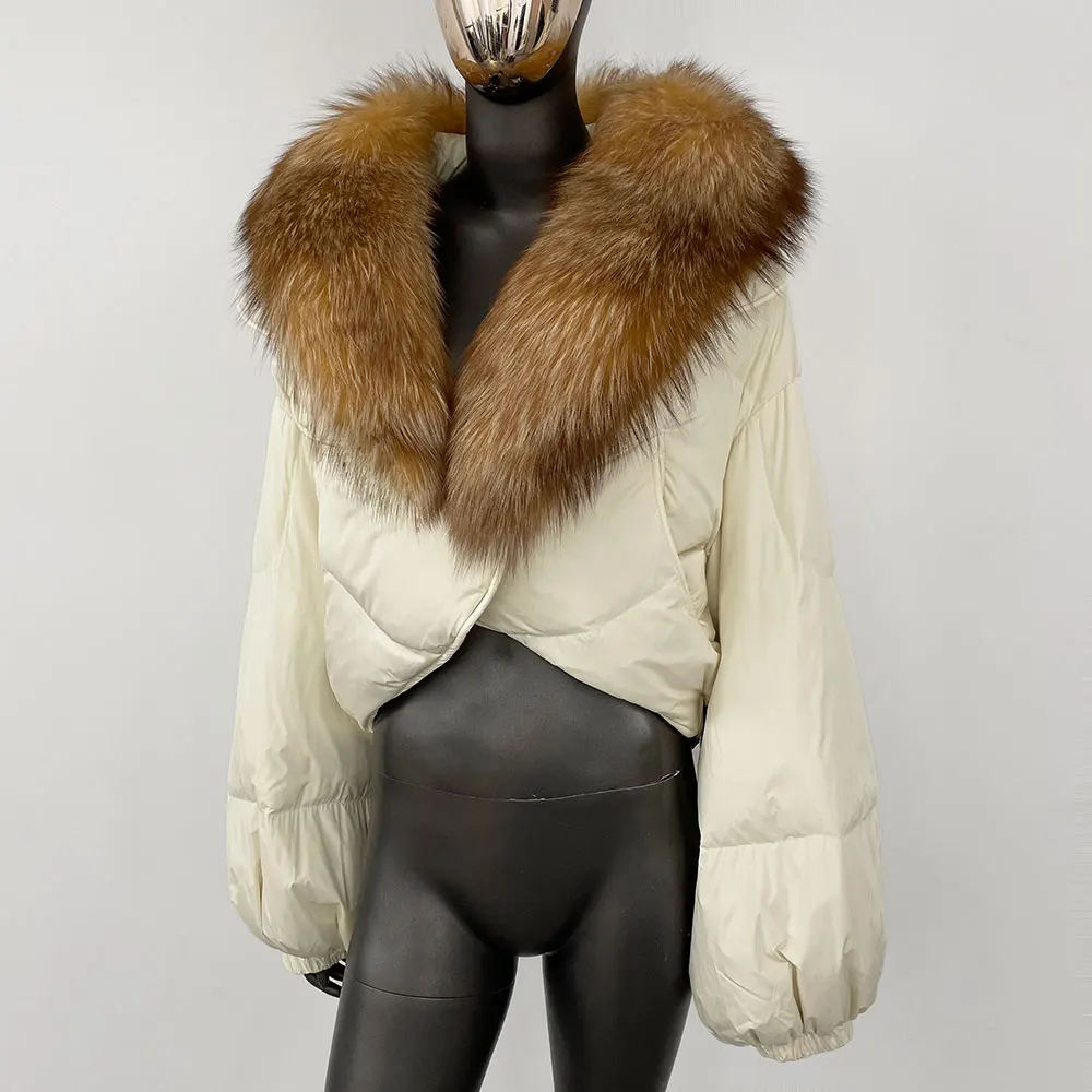 White Duck Down Jacket Women Warm Luxury Loose Short Fashion Casual  Real Fox Fur Coat Long Sleeve Puffer Jacket Winter Female