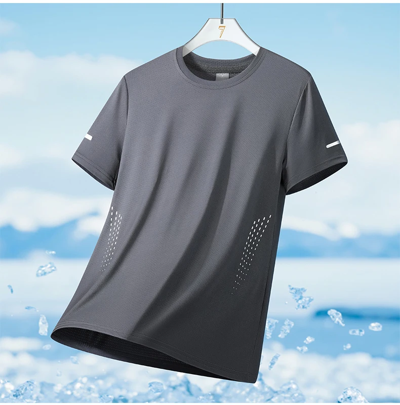 CHRLCK Herren-Lauf-T-Shirts, schnell trocknend, atmungsaktiv, zum Wandern, Angeln, weiche Elastizität, Outdoor-Sport, kurzes Hemd, Sommer – Detail 15