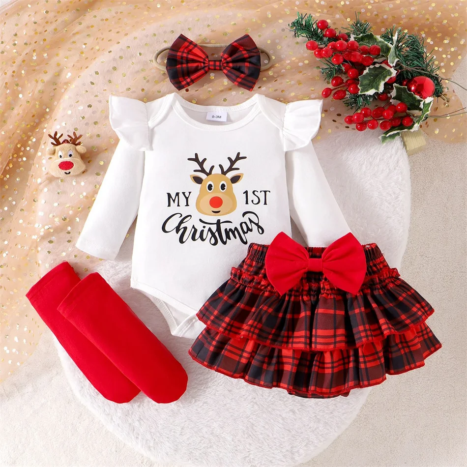 Baby Girls Christmas Long Sleeves Rompers Dress Newborn Xmas Party Print Bowknot Costume Bodysuits with Socks Hair Accessory